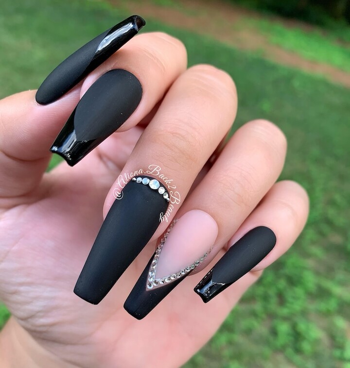 black on black matte and glossy nails with bling accents reusable press on nails handcrafted press on nails